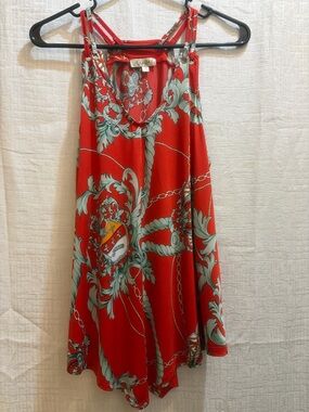 Lavish Red Tank Top with Mint Scroll Print